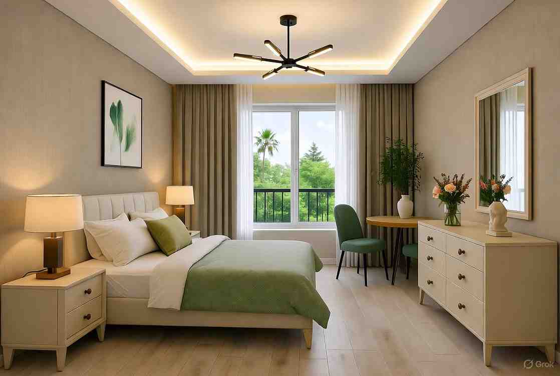 12x12 फीट कमरे का डिज़ाइन - स्मार्ट फर्नीचर के साथ स्टाइलिश लुक (मॉडर्न बेडरूम इंटीरियर येलो एक्सेंट्स के साथ)